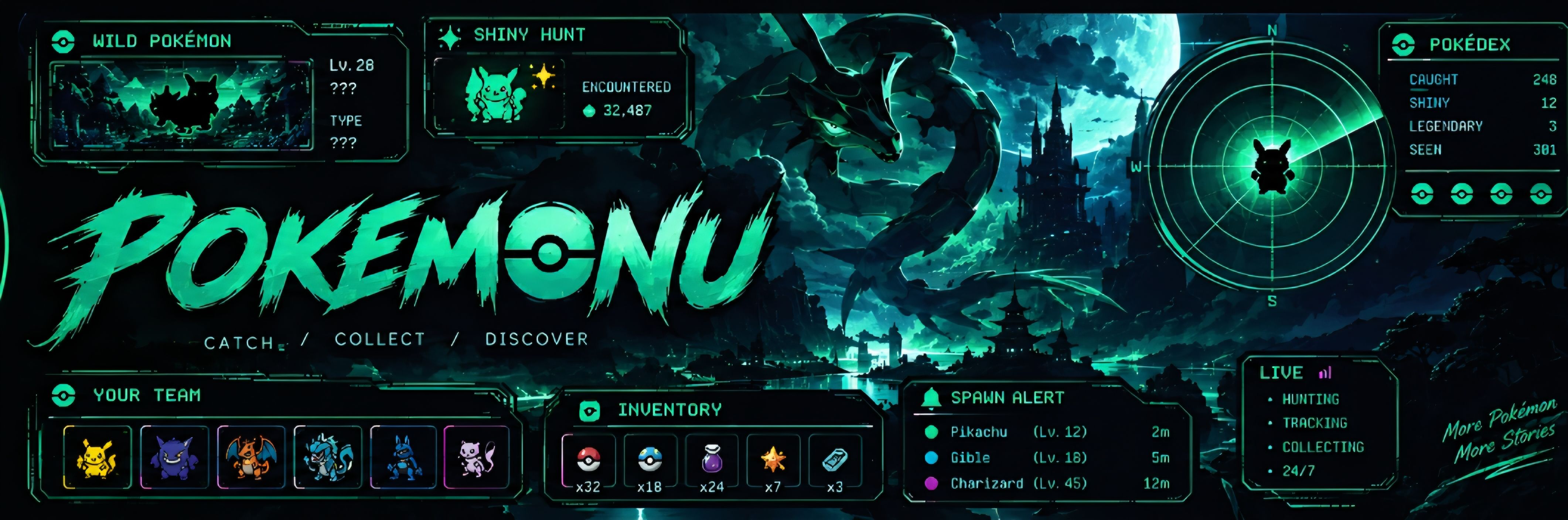POKEMONU banner: an emerald dragon coils above a moonlit castle, framed by game panels for wild Pokémon, a shiny hunt, your team, inventory and spawn alerts.